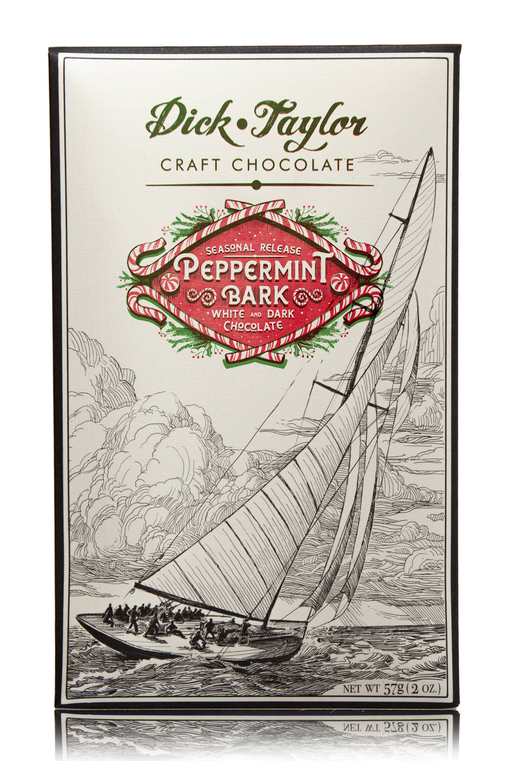Dick Taylor Peppermint Bark featuring dark and white chocolate layers, visually showcasing the layered peppermint candy bark.