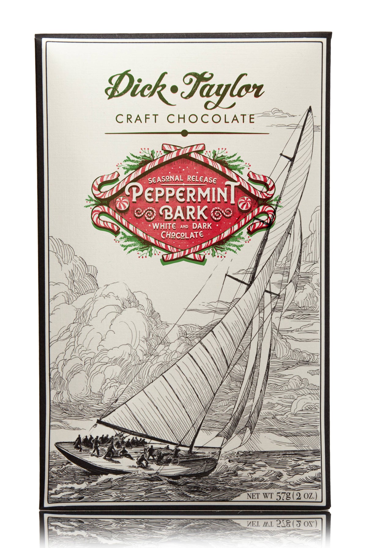 Dick Taylor Peppermint Bark featuring dark and white chocolate layers, visually showcasing the layered peppermint candy bark.