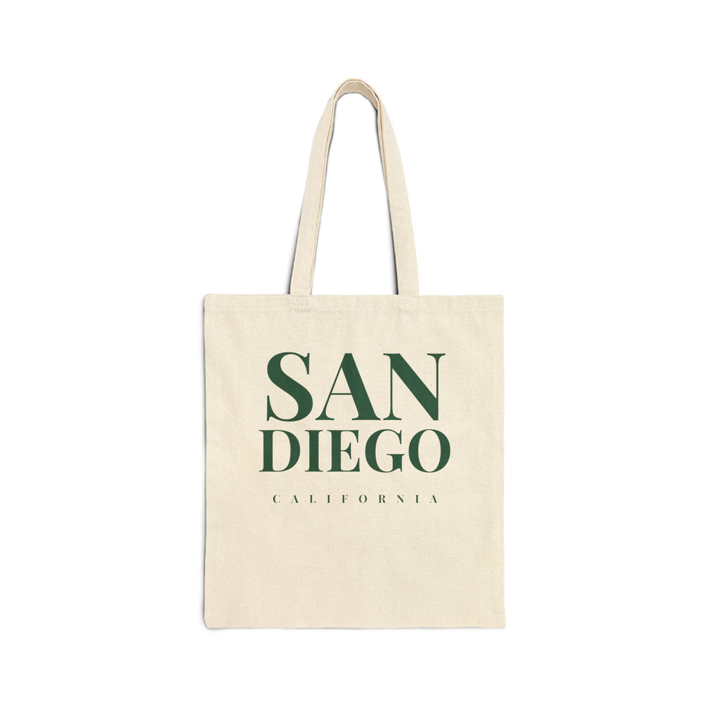 Beige tote bag with 'San Diego California' text in green on a white background