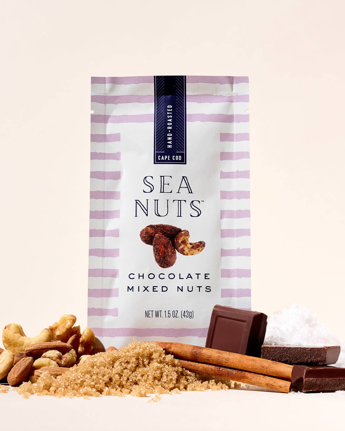 Sea Nuts chocolate mixed nuts in a clear bowl, showing a variety of coated nuts and chocolate pieces.
