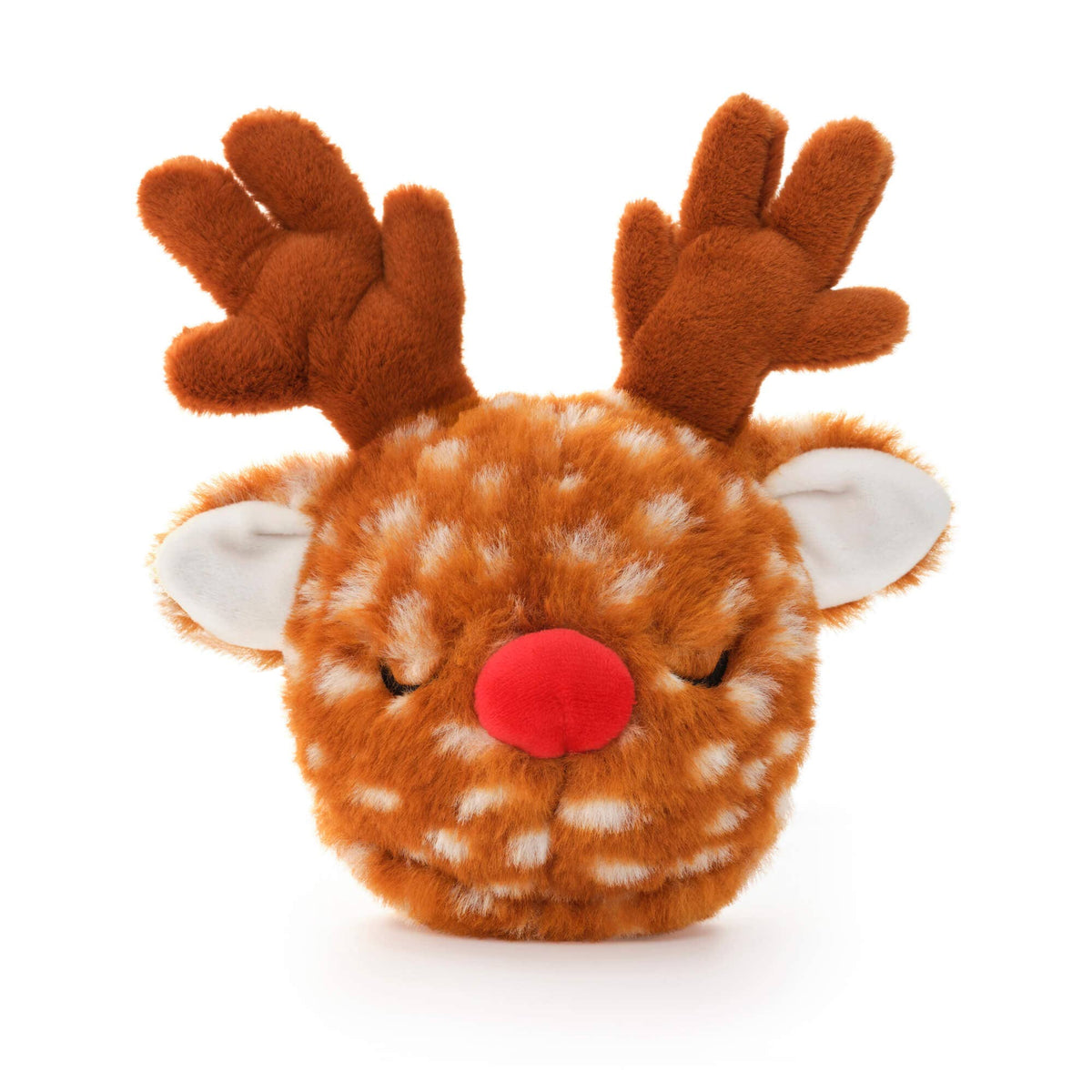 Plush reindeer toy with a red nose on a white background