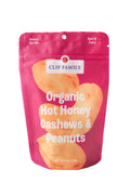Organic hot honey cashews and peanuts snack mix by Clif Family Napa Valley, featuring crunchy nuts with a spicy honey glaze.