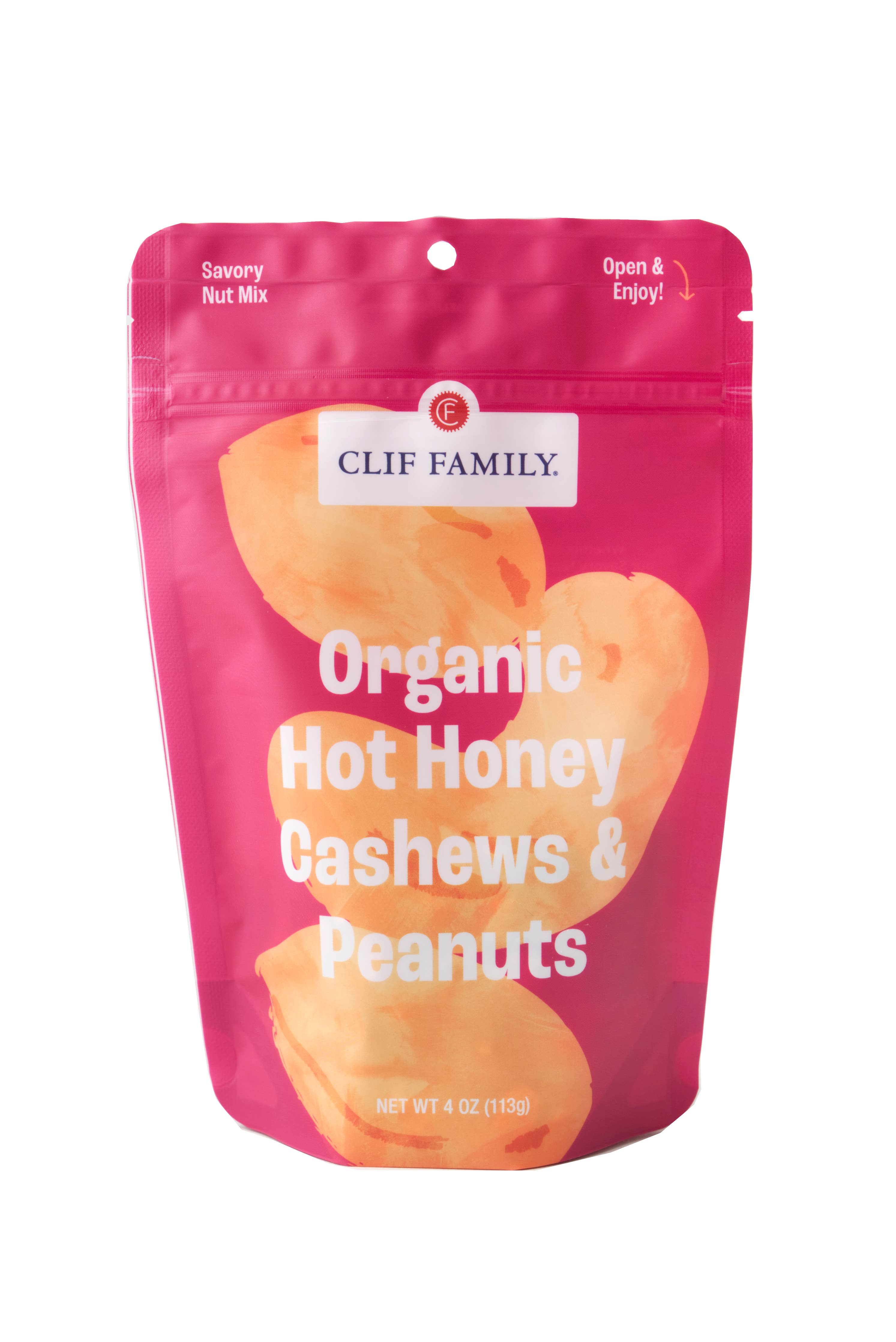 Organic hot honey cashews and peanuts snack mix by Clif Family Napa Valley, featuring crunchy nuts with a spicy honey glaze.