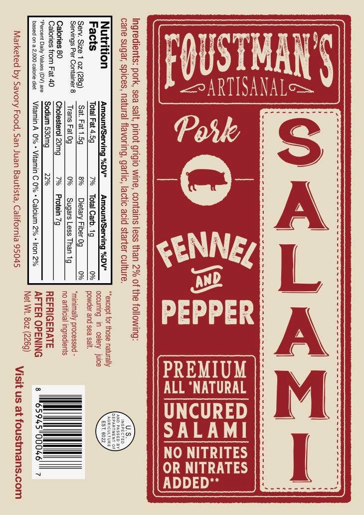 Foustman's Artisanal Pork Salami label with red and beige design.