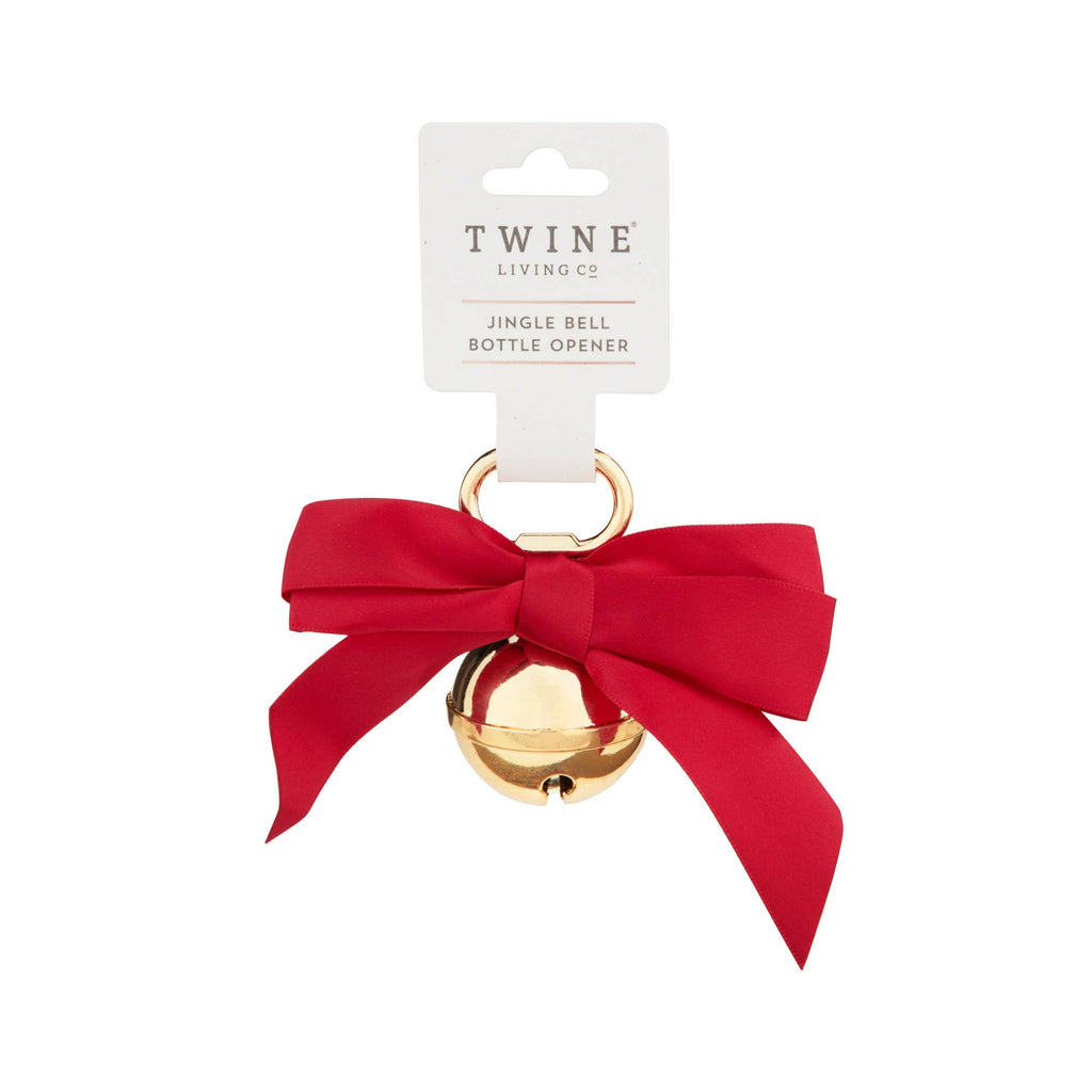 Gold plated metal jingle bell beer bottle opener with ribbon, Twine kitchen gadget, ideal for festive celebrations and barware.