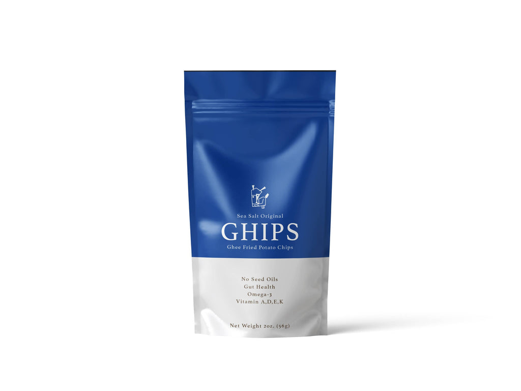 Ghips Ghee Potato Chips with sea salt, crispy snack in a bright bag, flavorful and crunchy potato chips for snacking.