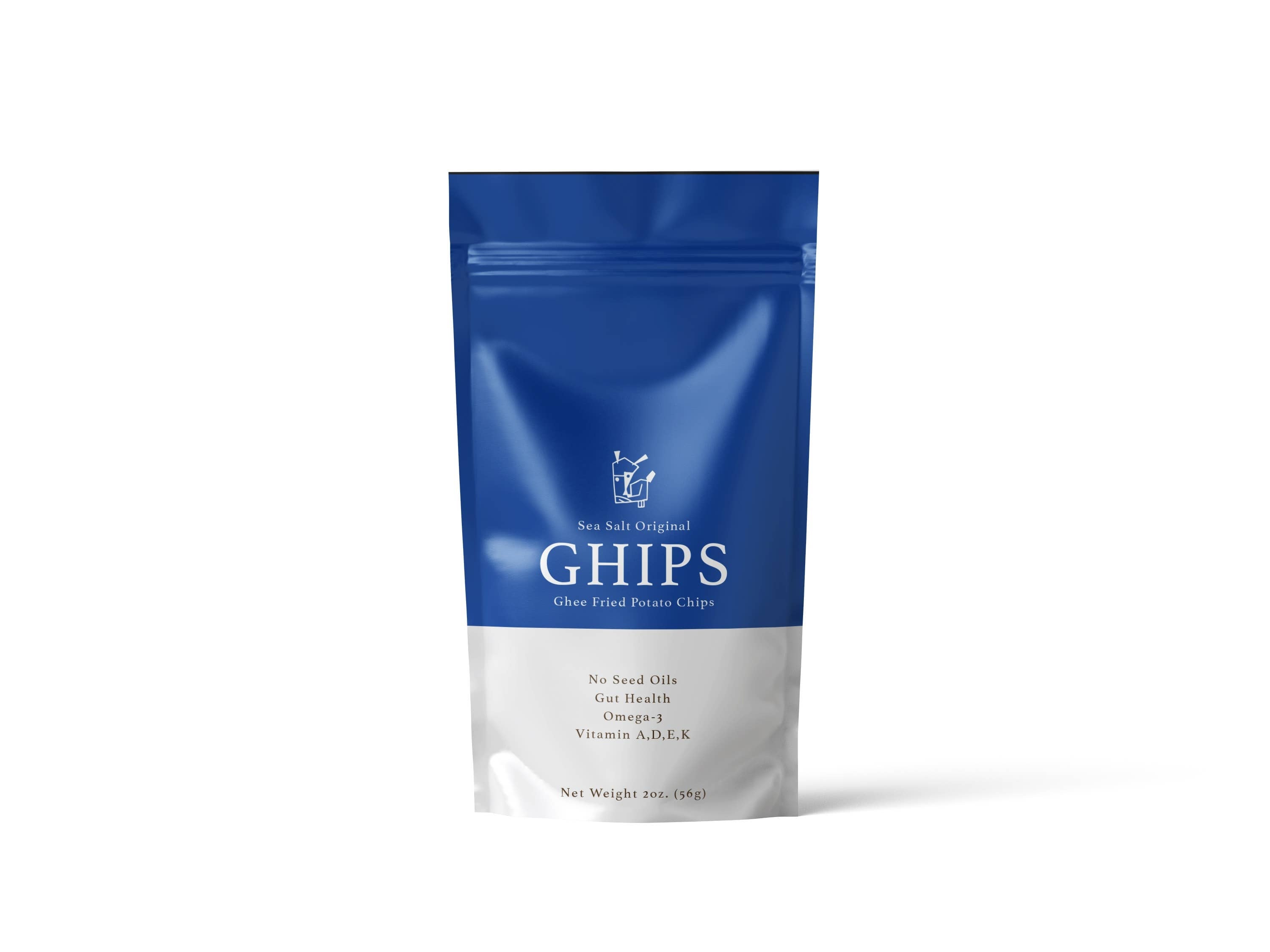 Ghips Ghee Potato Chips with sea salt, crispy snack in a bright bag, flavorful and crunchy potato chips for snacking.
