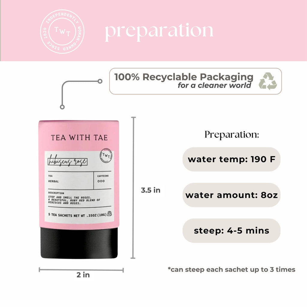 Hibiscus Rose herbal tea mini tube gift by Tea with Tae, featuring five tea bags in a compact, colorful packaging.