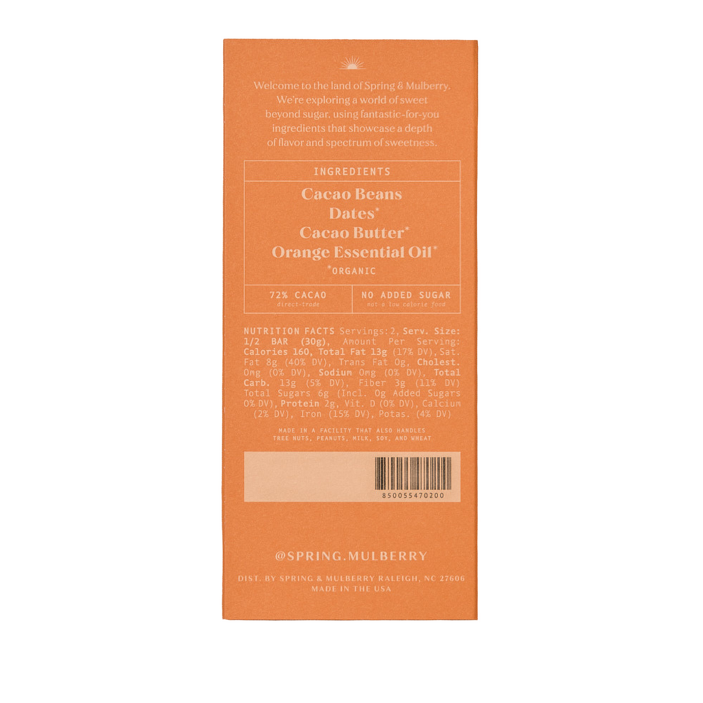 Spring & Mulberry blood orange dark chocolate with date-sweetened, rich, smooth chocolate squares featuring vibrant orange and dark cocoa.