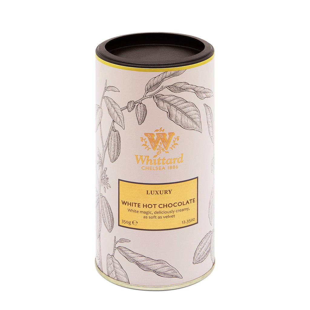 Whittard of Chelsea luxury white hot chocolate snack in a jar with a white label and metal lid.
