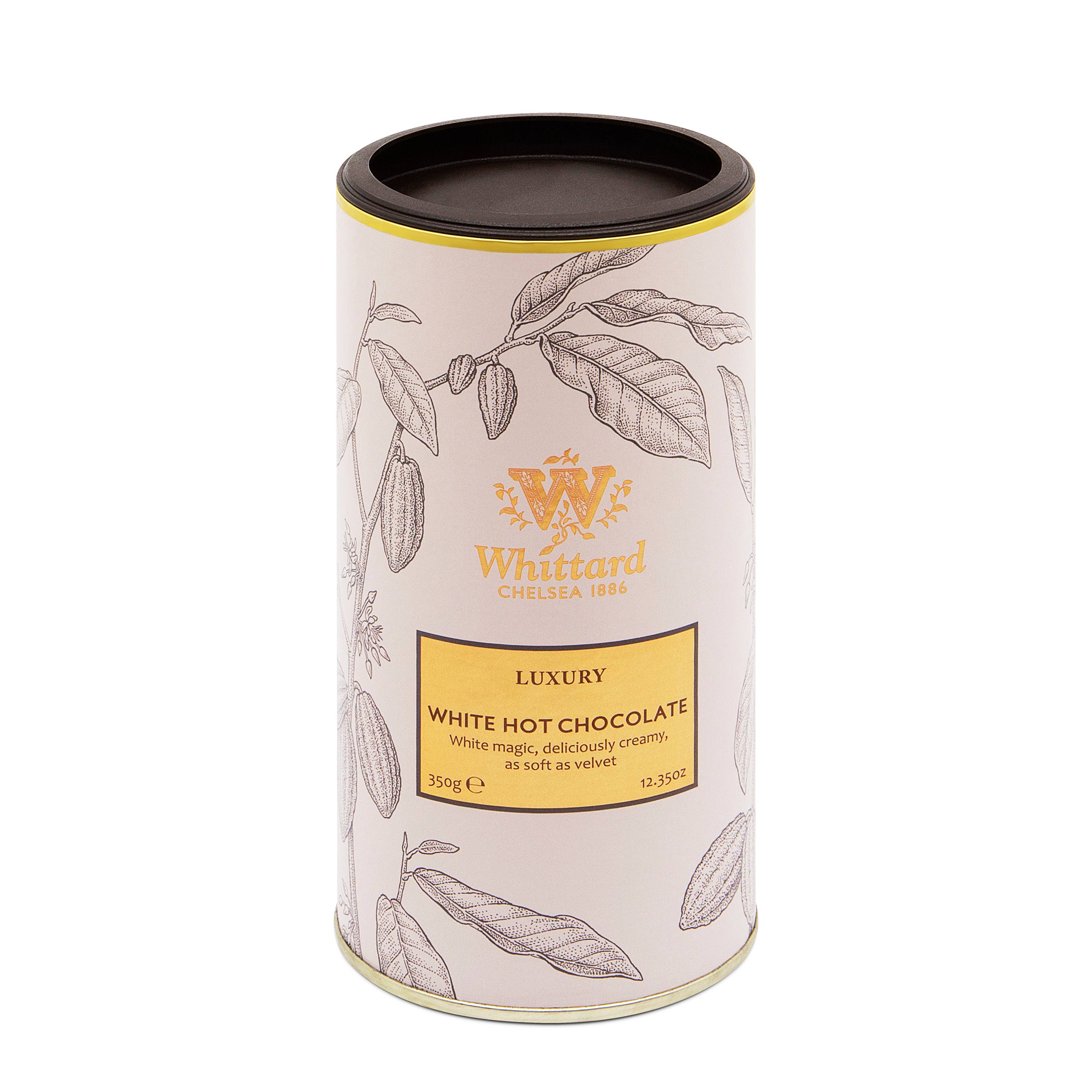 Whittard of Chelsea luxury white hot chocolate snack in a jar with a white label and metal lid.
