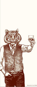 Illustration of a tiger in a suit holding a glass on a white background, notepad,