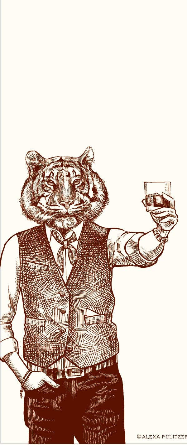 Illustration of a tiger in a suit holding a glass on a white background, notepad,