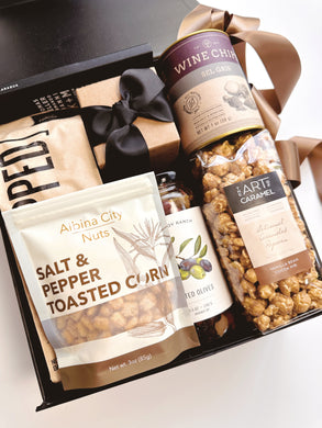Black and Tan curated gift box from Poppins & Post featuring a stylish, handcrafted arrangement with elegant packaging.