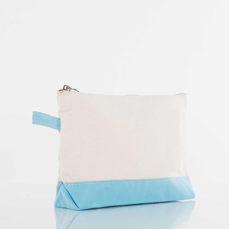 A small zippered pouch with a cream-colored upper section and a light blue lower base, featuring a matching light blue loop tab on the left side. The pouch is photographed on a clean white background with a subtle reflection below.