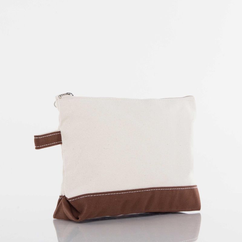 A small zippered pouch with a cream canvas body and a brown bottom panel and strap, shown on a clean white background.