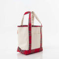 Tote bag with red plaid pattern on handles on a white background