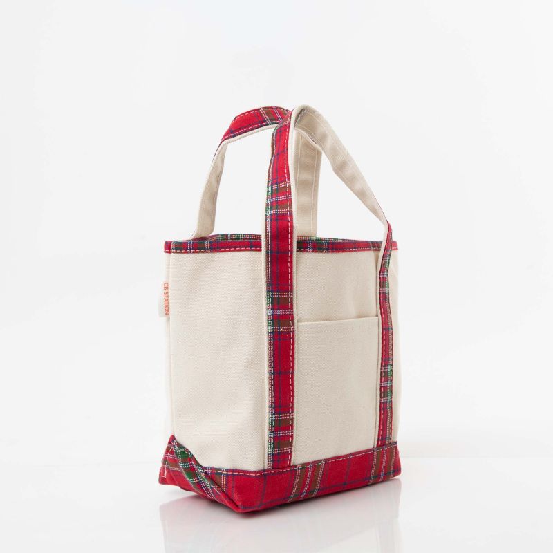 Tote bag with red plaid pattern on handles on a white background