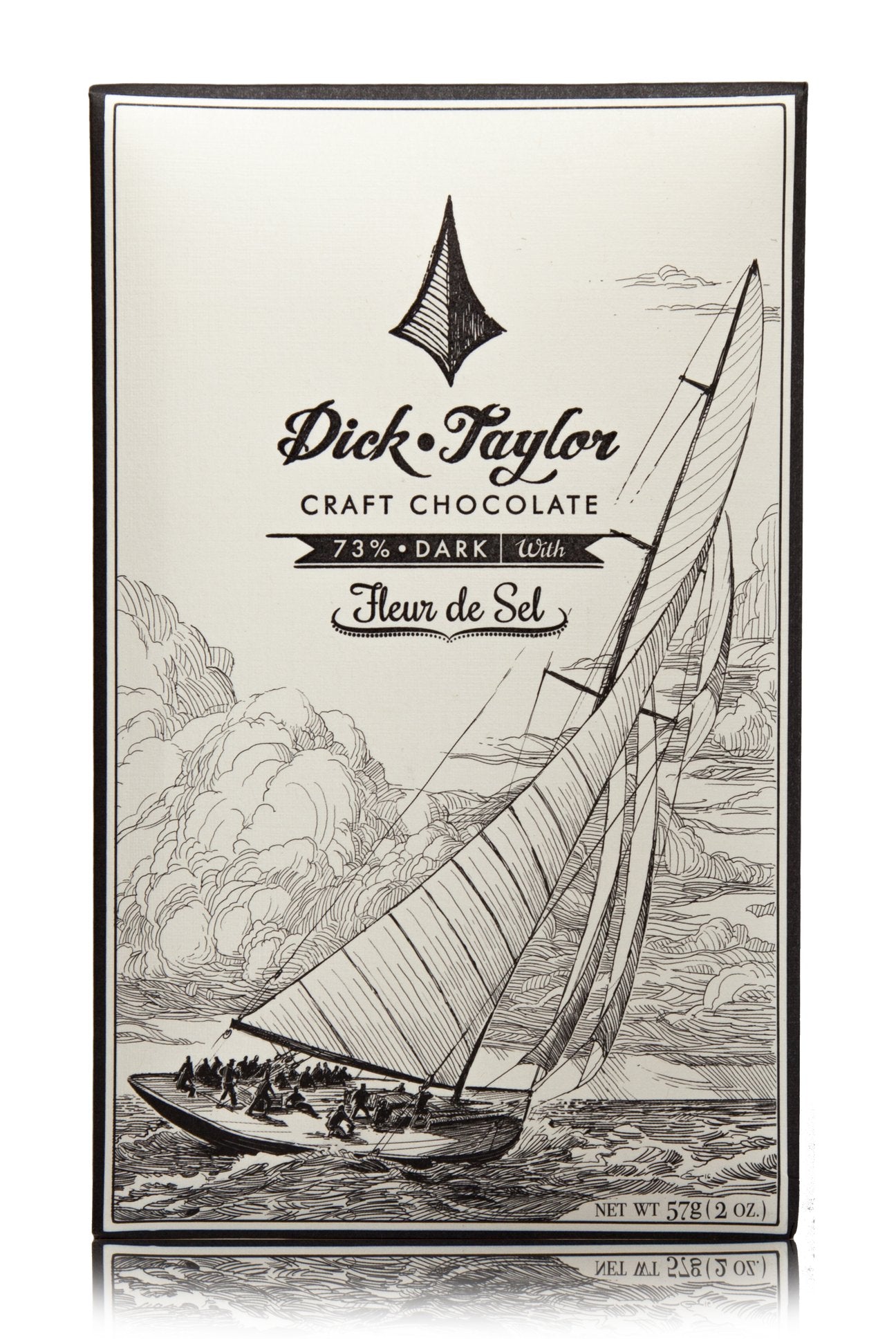 Dick Taylor Fleur de Sel 73% dark chocolate bar from Dick Taylor Craft Chocolate, showcasing a rich, textured chocolate with fleur de sel topping.