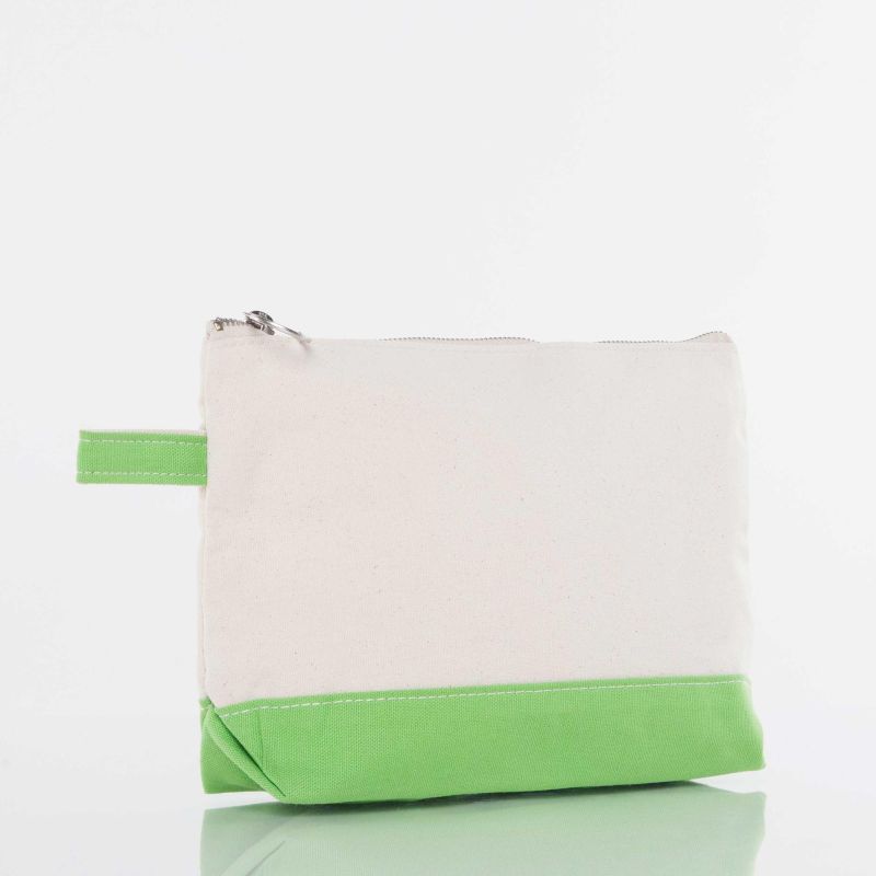White pouch with green bottom section on a white background
