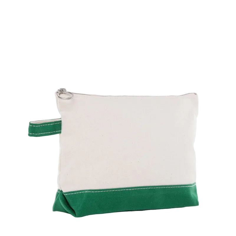 White pouch with green bottom section on a white background