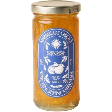 Jar of Sunrise Pixie Tangerine Marmalade from Marmalade Grove, showcasing bright orange marmalade with a textured surface.