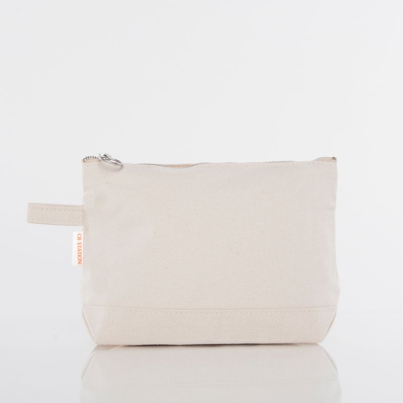 Beige cosmetic 
pouch with a zipper on a white background