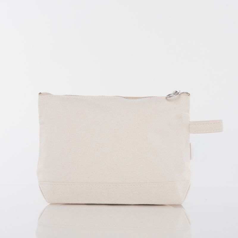 A small canvas zip pouch in a light cream or off-white color, featuring a silver metal zipper pull and a matching fabric loop handle on the side, set against a plain white background with a soft reflection below.