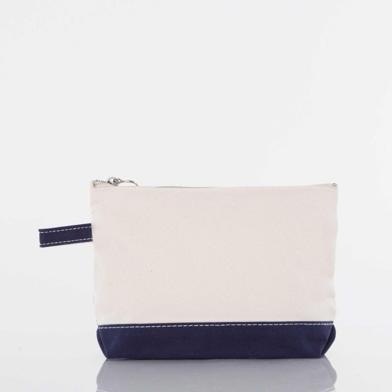 White canvas pouch with navy bottom section on a white background