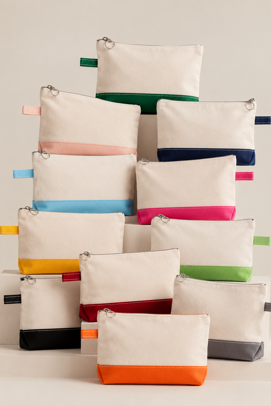 A stack of colorful canvas makeup pouches.