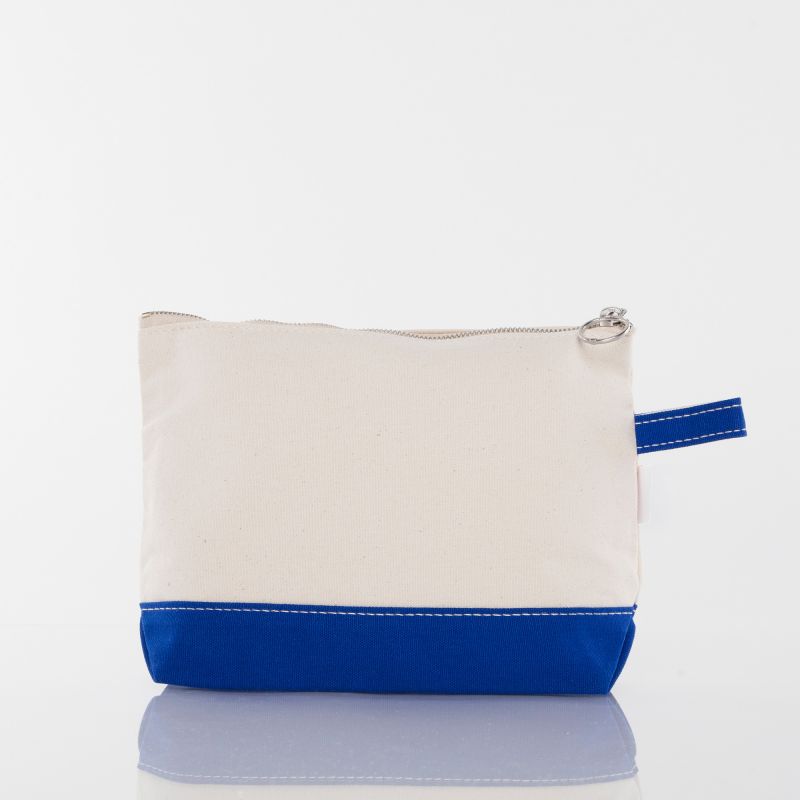 A rectangular canvas pouch with a cream-colored top section and a royal blue bottom base, featuring a silver zipper and a matching blue pull tab, set against a plain white background.