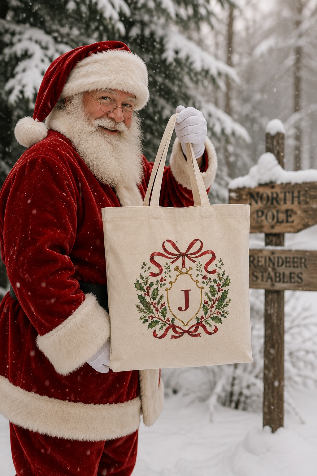 A person dressed as Santa Claus stands in a snowy outdoor setting holding a cream canvas tote bag with a red and green holiday crest and monogram design.