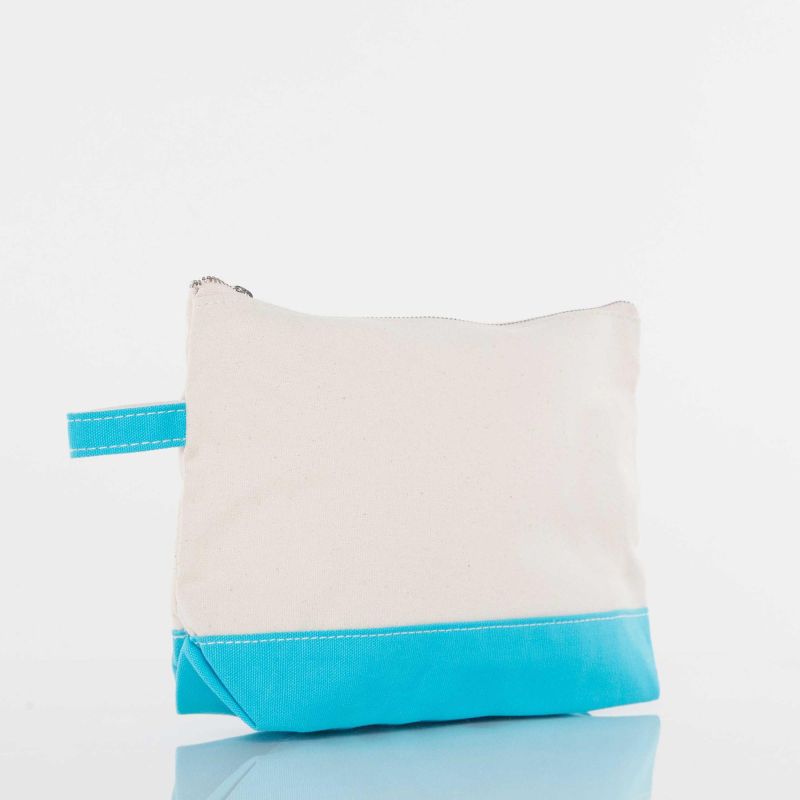 White Canvas Toiletry bag  with blue accent on a white background