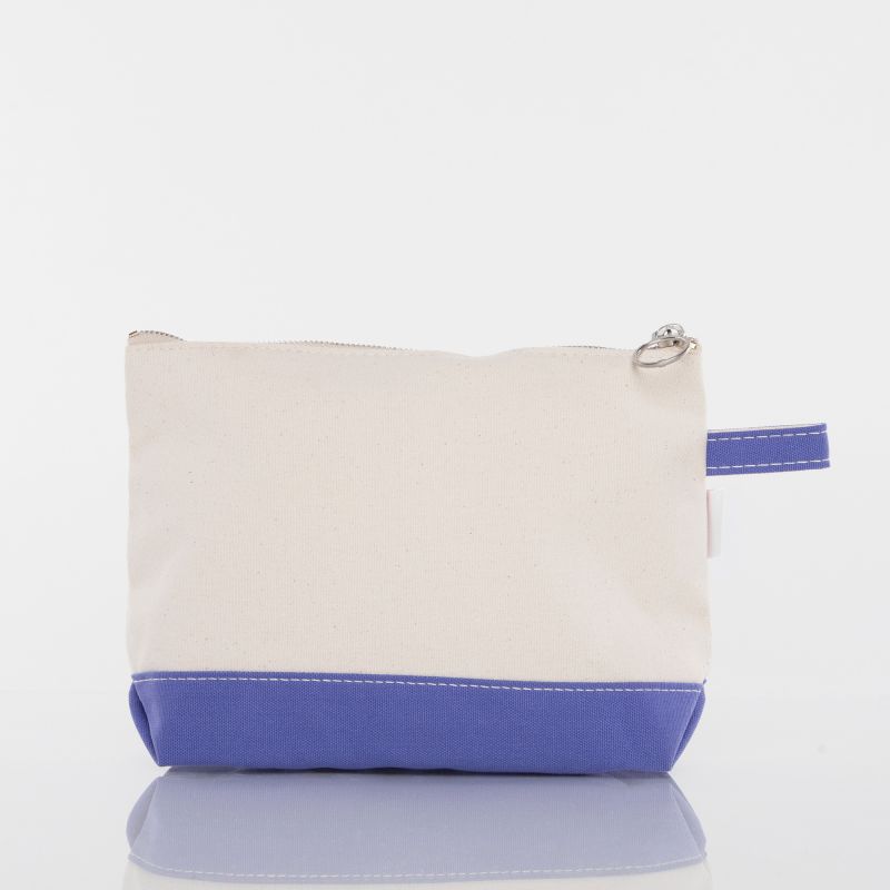 A canvas cosmetic pouch with an off-white body and a blue bottom base, featuring a silver zipper and a matching blue loop handle, set against a plain white background.
