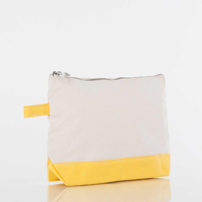 A small zippered pouch with a light beige canvas upper section and a bright yellow fabric bottom panel and pull tab, photographed on a clean white background.