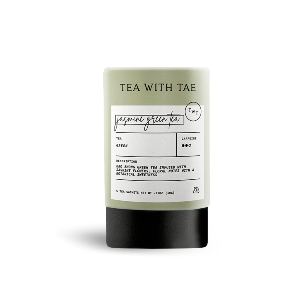 Jasmine Green Tea Mini Tube Gift by Tea with Tae showing five tea bags in a compact, decorative tube for gifting.