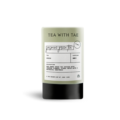 Jasmine Green Tea mini tube gift from Tea with Tae with five tea bags, featuring elegant packaging and jasmine aroma.