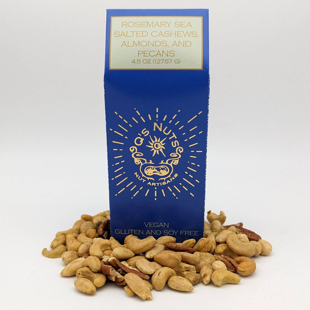 Mixed Rosemary Sea Salt snack nuts featuring cashews, almonds, and pecans from Q's Nuts, LLC in a close-up view.