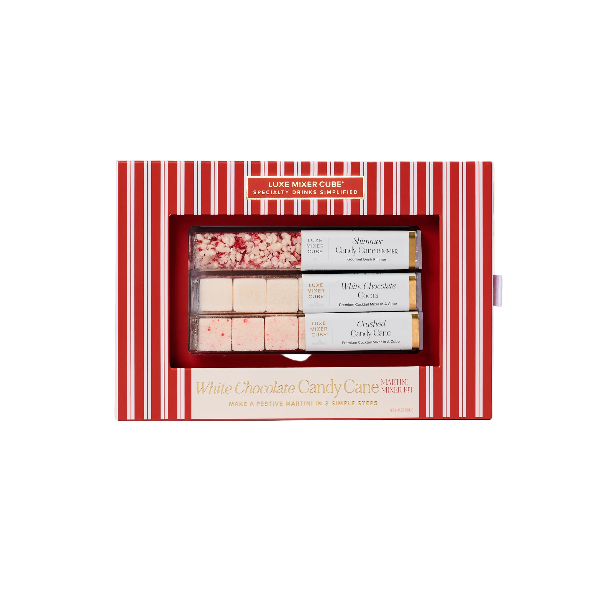 White chocolate candy cane martini mixer kit by TEASPRESSA Luxe, featuring condiment ingredients and holiday-themed packaging.