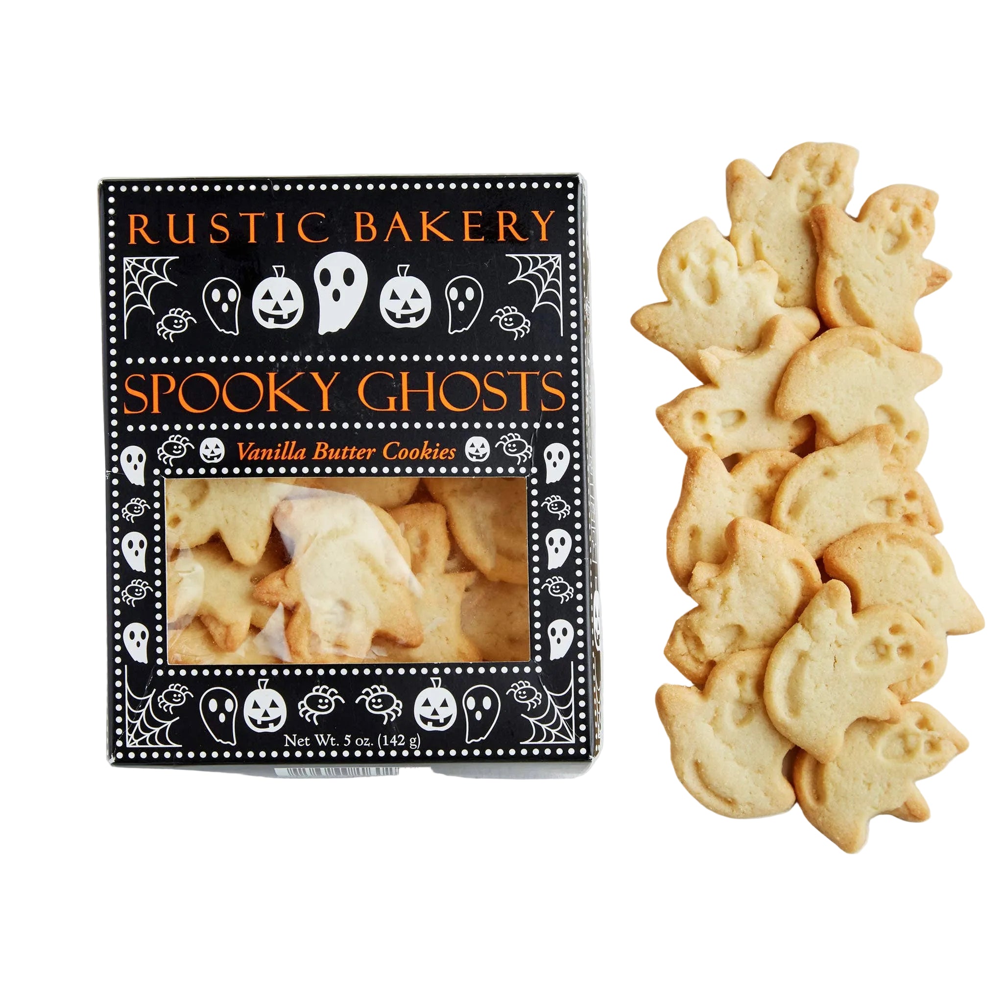 A box of Rustic Bakery Spooky Ghosts vanilla butter cookies sits next to a pile of baked ghost-shaped cookies on a white background.