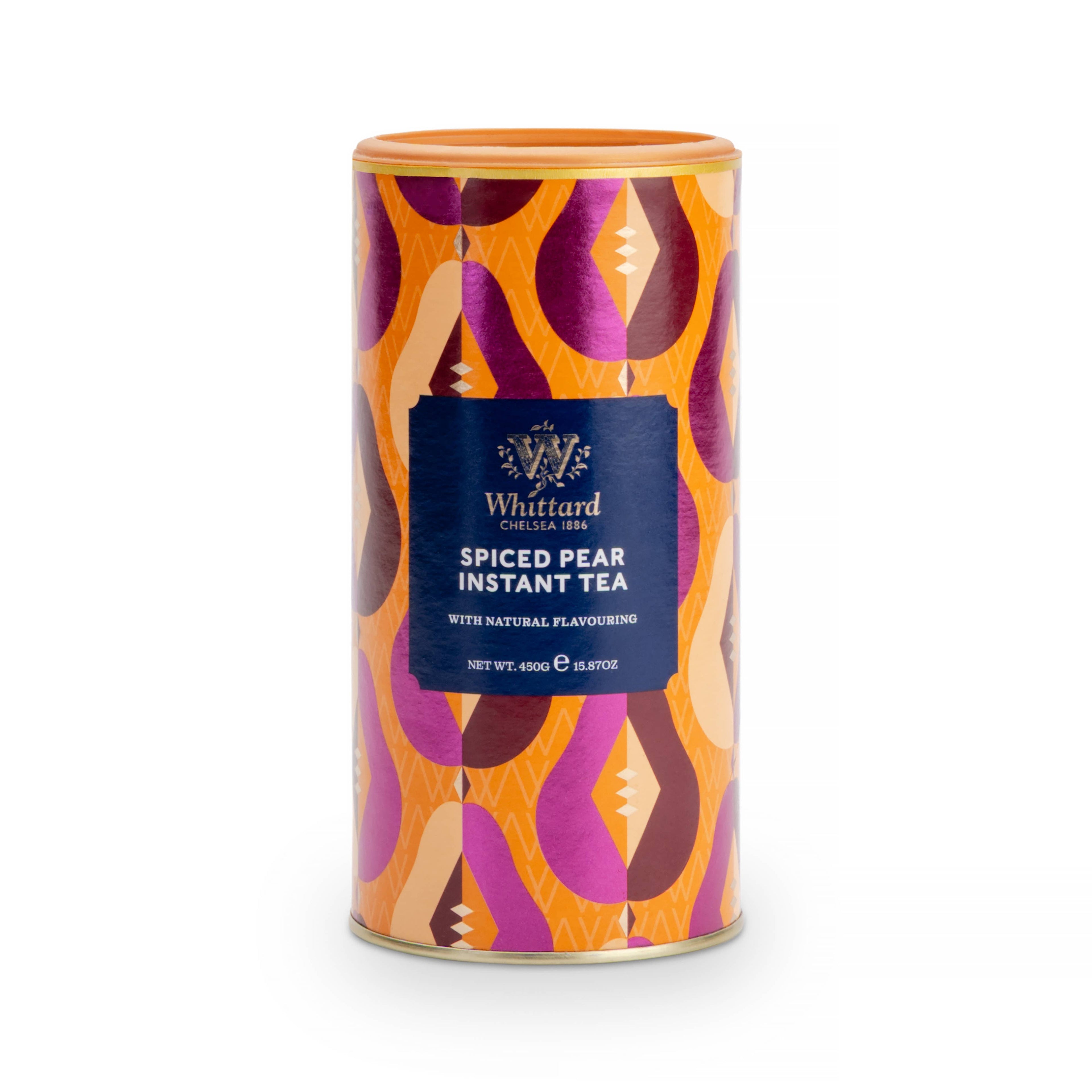 A cylindrical metal canister of Whittard Spiced Pear Instant Tea, featuring a vibrant orange, purple, and beige patterned design with a dark blue label in the center.