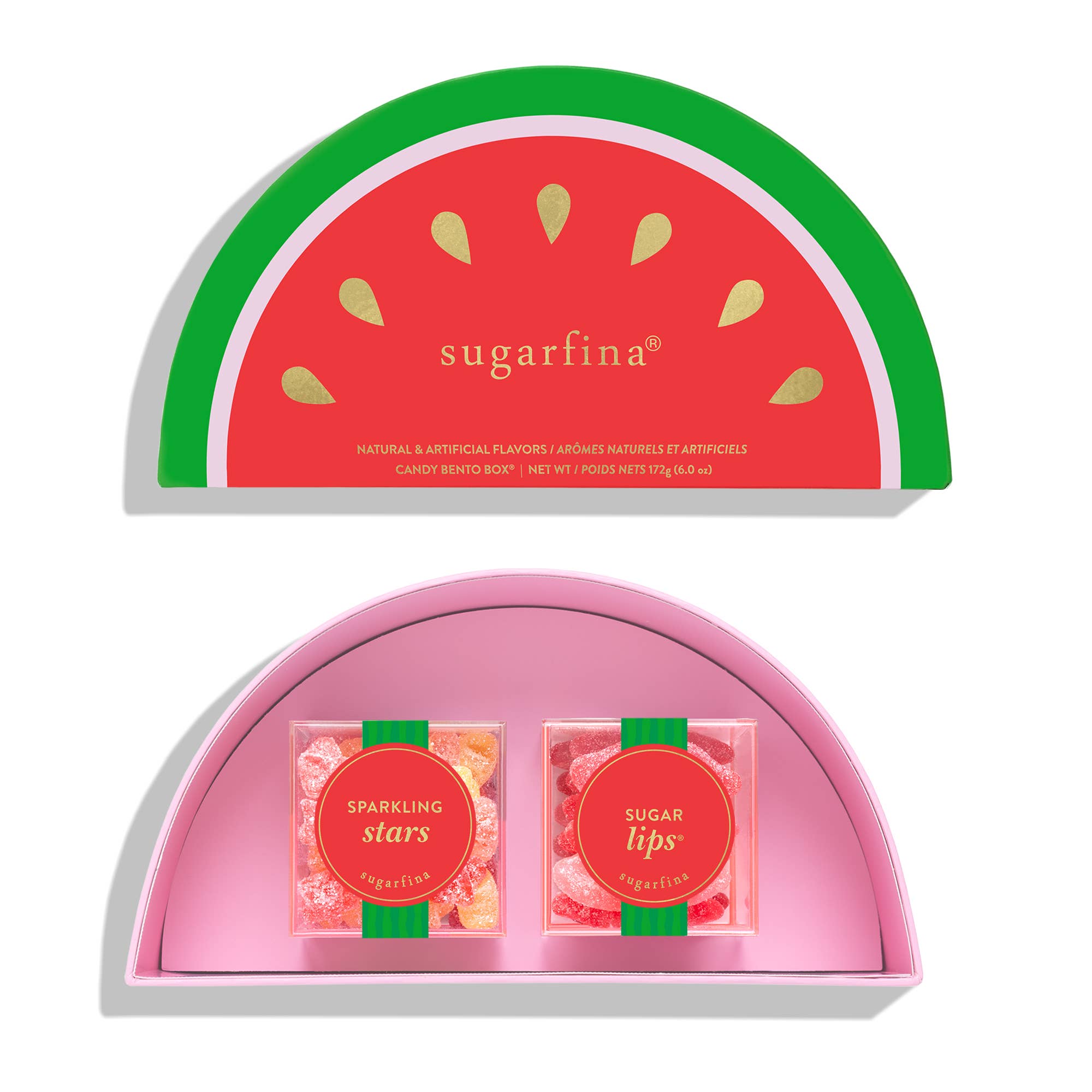 Sugarfina Watermelon 2-piece bento box with colorful candy and chocolate sweets in a stylish presentation.