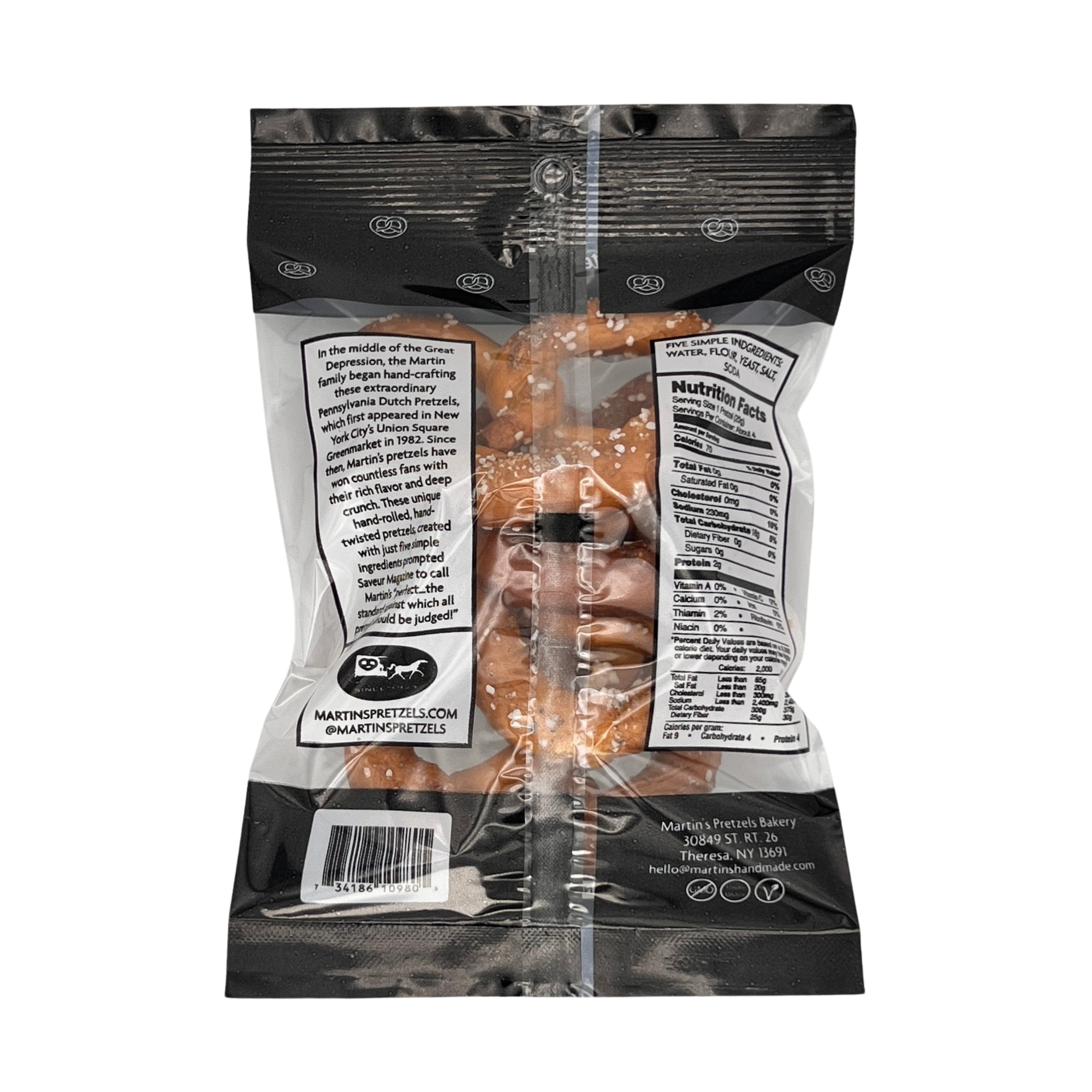 Martins Handmade Pretzels Salted, 2.75 oz snack bag showing golden-brown pretzels with coarse salt on top