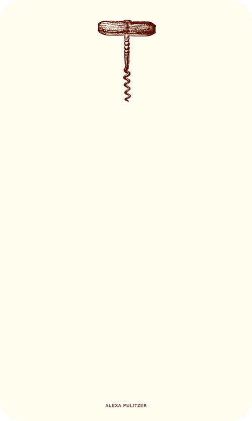 A single corkscrew illustration centered near the top of a very light cream background, with the name 'ALEXA PULITZER' printed at the bottom.