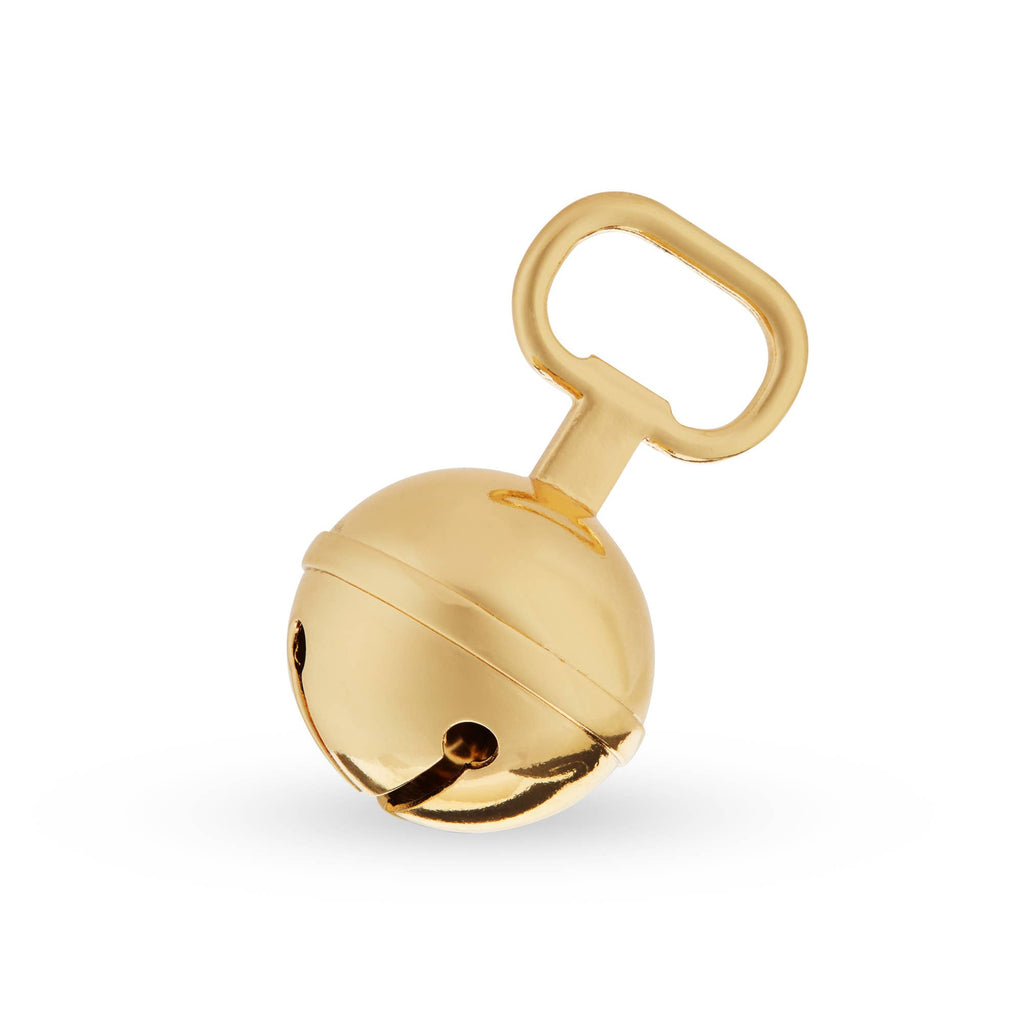 Gold plated metal jingle bell beer bottle opener with ribbon, Twine kitchen gadget, designed for opening bottles with decorative charm.