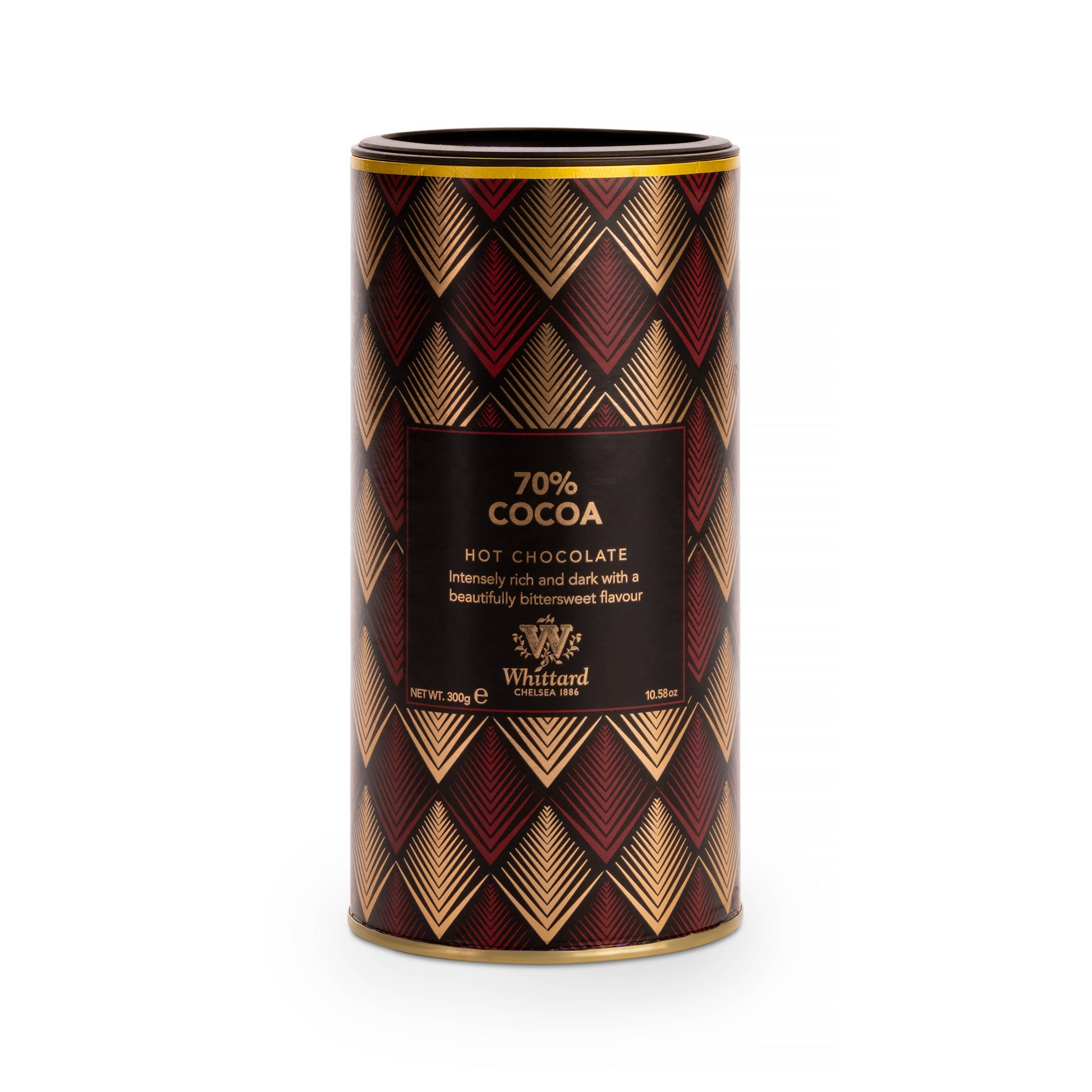Whittard of Chelsea 70% hot chocolate snack in a package, rich dark chocolate flavored treat for indulgent snacking.
