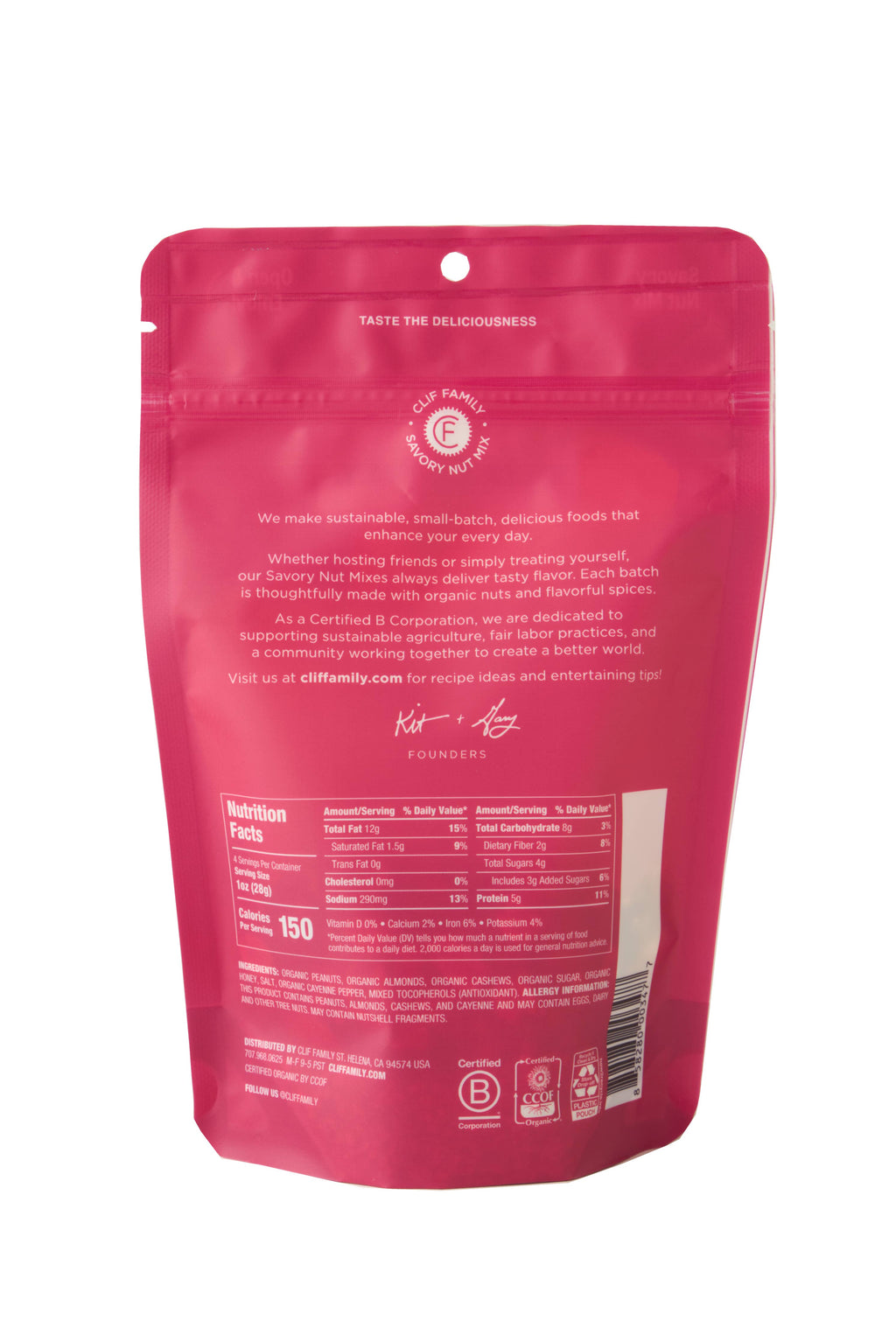 Organic hot honey cashews and peanuts snack mix by Clif Family Napa Valley, featuring spicy honey-coated nuts and crunchy textures.