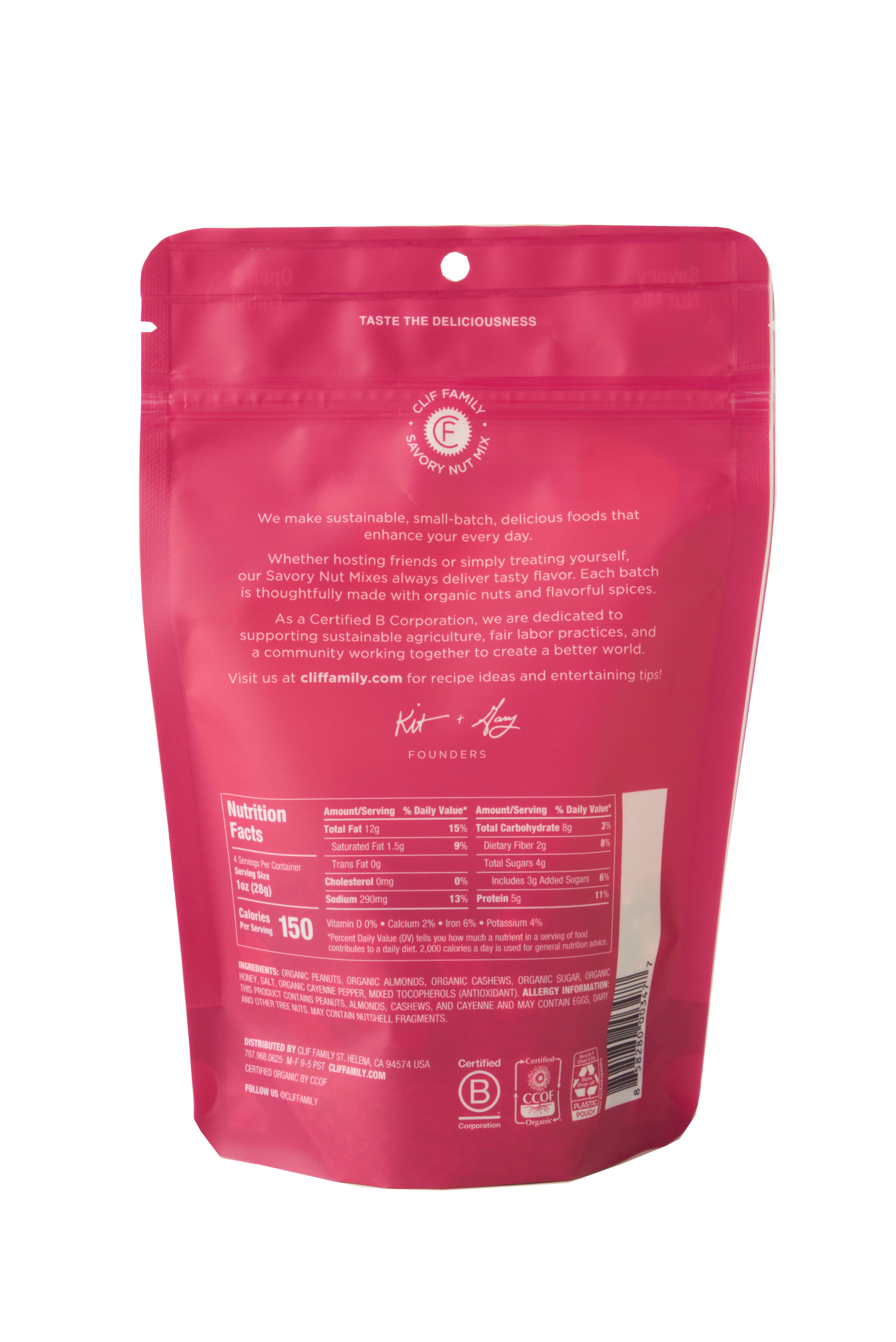 Organic hot honey cashews and peanuts snack mix by Clif Family Napa Valley, featuring spicy honey-coated nuts and crunchy textures.