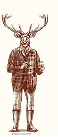 Illustration of a deer wearing a suit holding a glass on a beige background notepad.