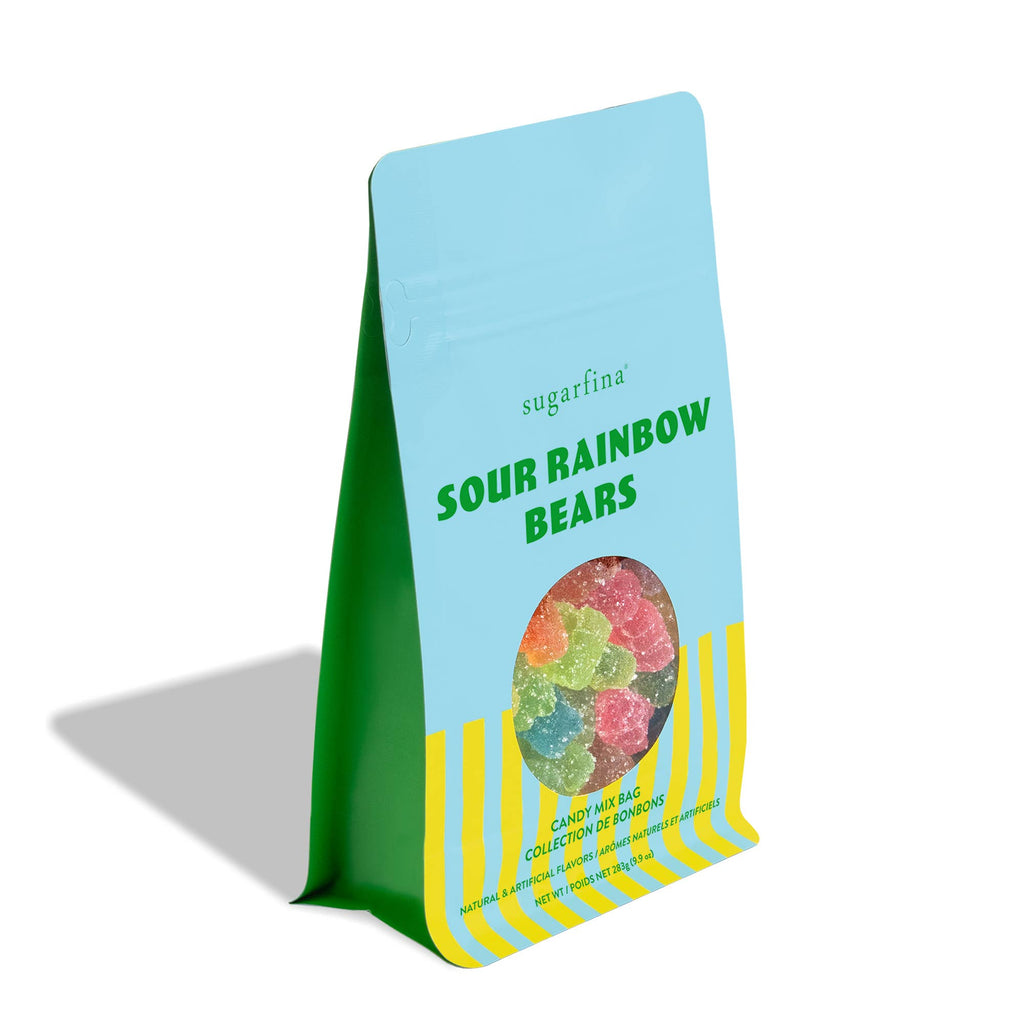 Sugarfina Sour Rainbow Bears candy mix bag, colorful gummy bears with vibrant rainbow hues, part of the Sweet Escape chocolate and candy collection.
